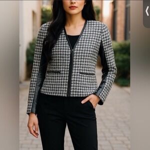 St. John Collection Houndstooth Knit Jacket Leather Trim Black White Size 16